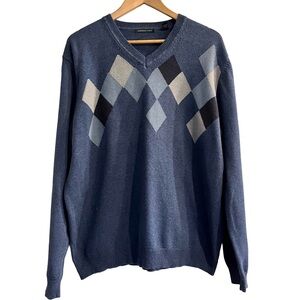 Van Heusen Men’s Argyle V Neck Navy Cotton Sweater XL